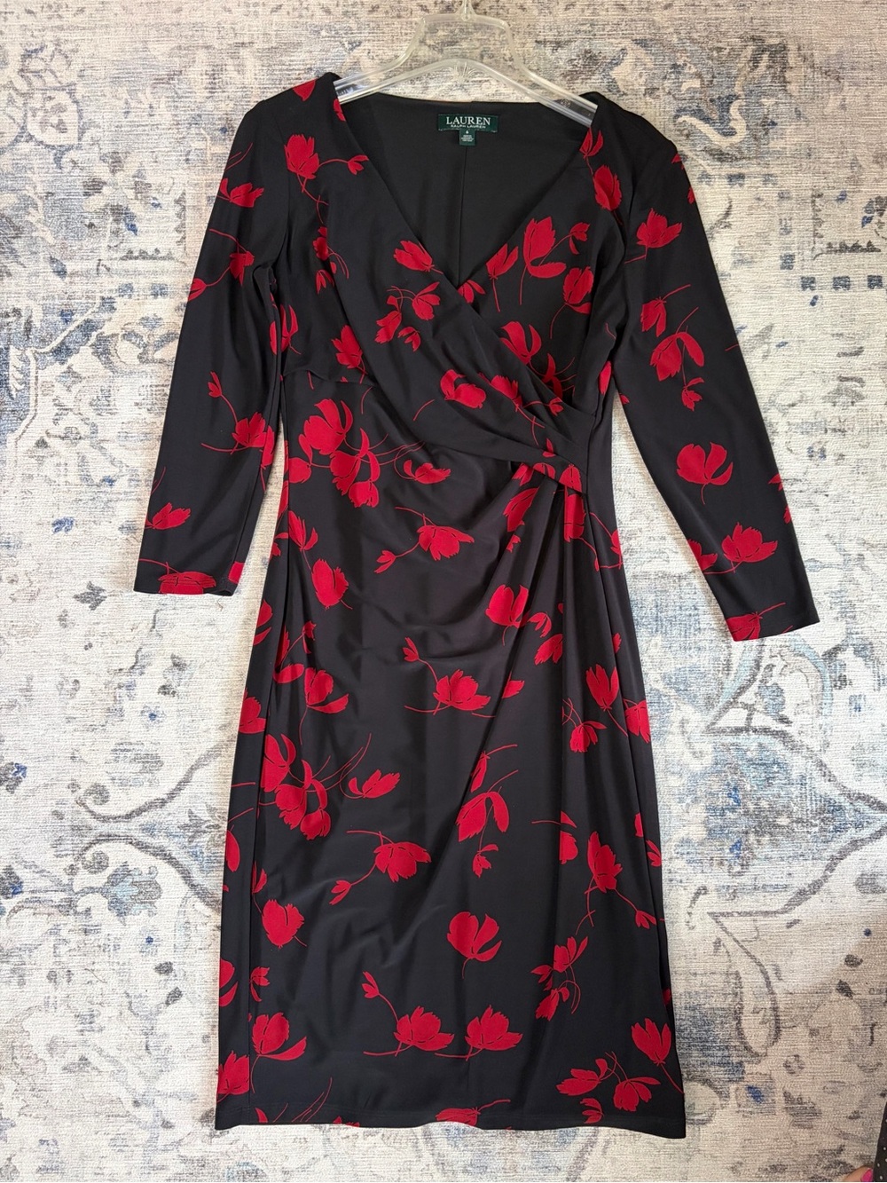 Lauren Ralph Lauren Black Red Floral Faux Wrap Midi Dress Size 6